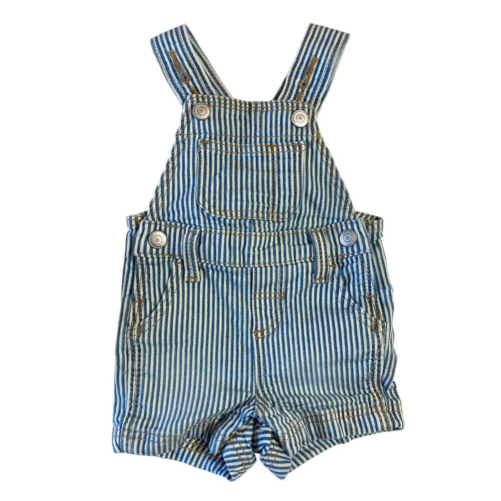 Old Navy Blue and White Striped Denim Pocket Bib Train Shorts Overalls 0-3m